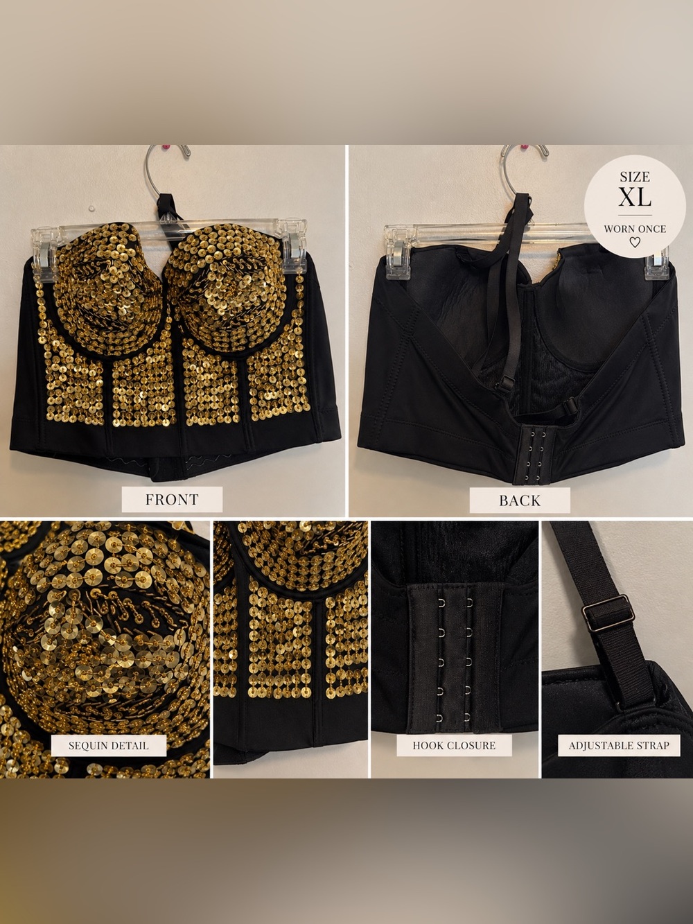 Gold-Sequin Black Bustier Crop Top